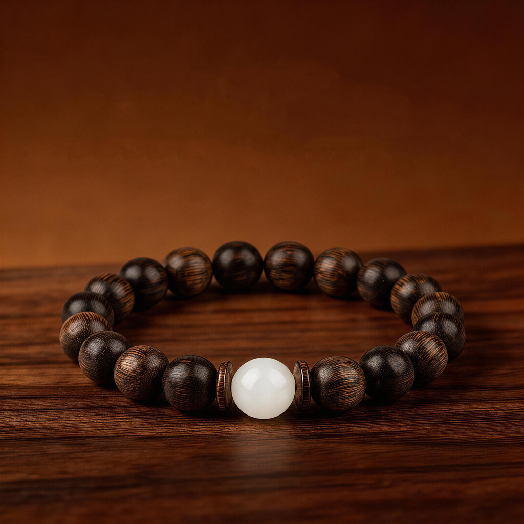 Rushou Bracelet – Aged Jinnanmu Wood with Natural White Nephrite Jade Bead