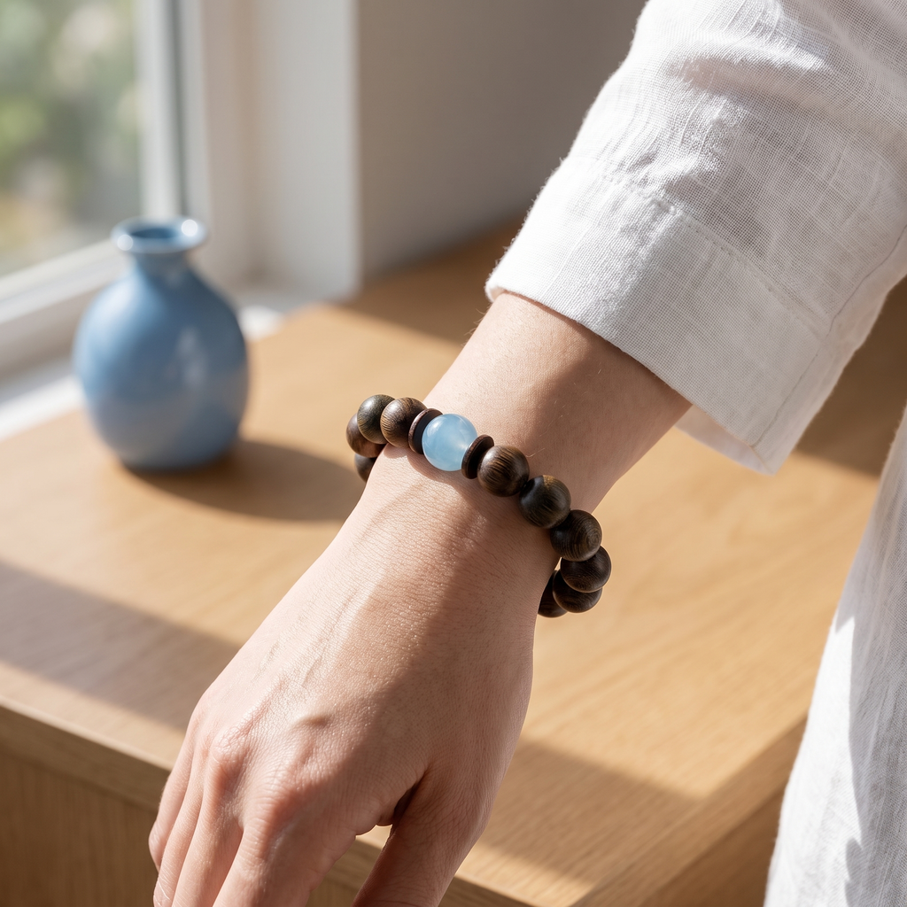 Xuanming Bracelet – Aged Jinnanmu Wood with Natural Translucent Nephrite Jade Bead