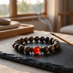 Zhurong Bracelet – Aged Jinnanmu Wood with Natural Red Nephrite Jade Bead