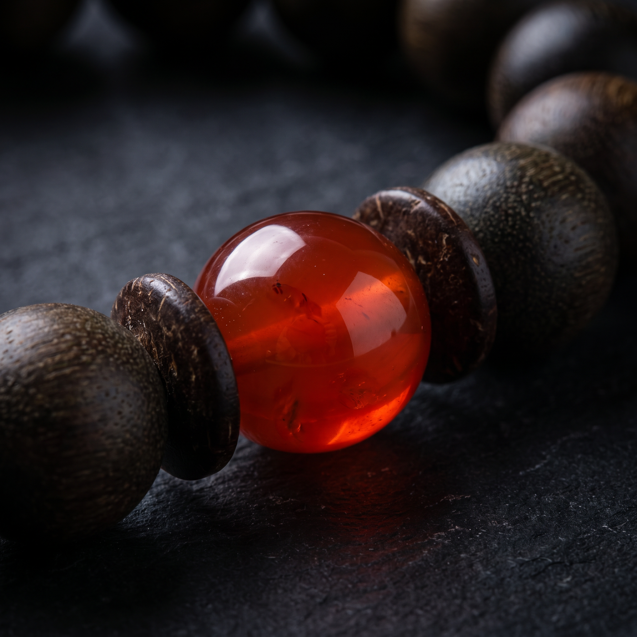 Zhurong Bracelet – Aged Jinnanmu Wood with Natural Red Nephrite Jade Bead