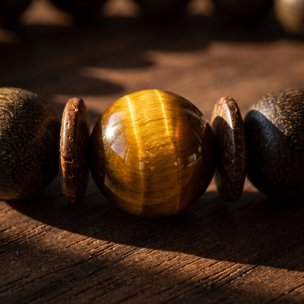 Houtu Bracelet – Aged Jinnanmu Wood with Natural Golden Brown Tiger's Eye Bead