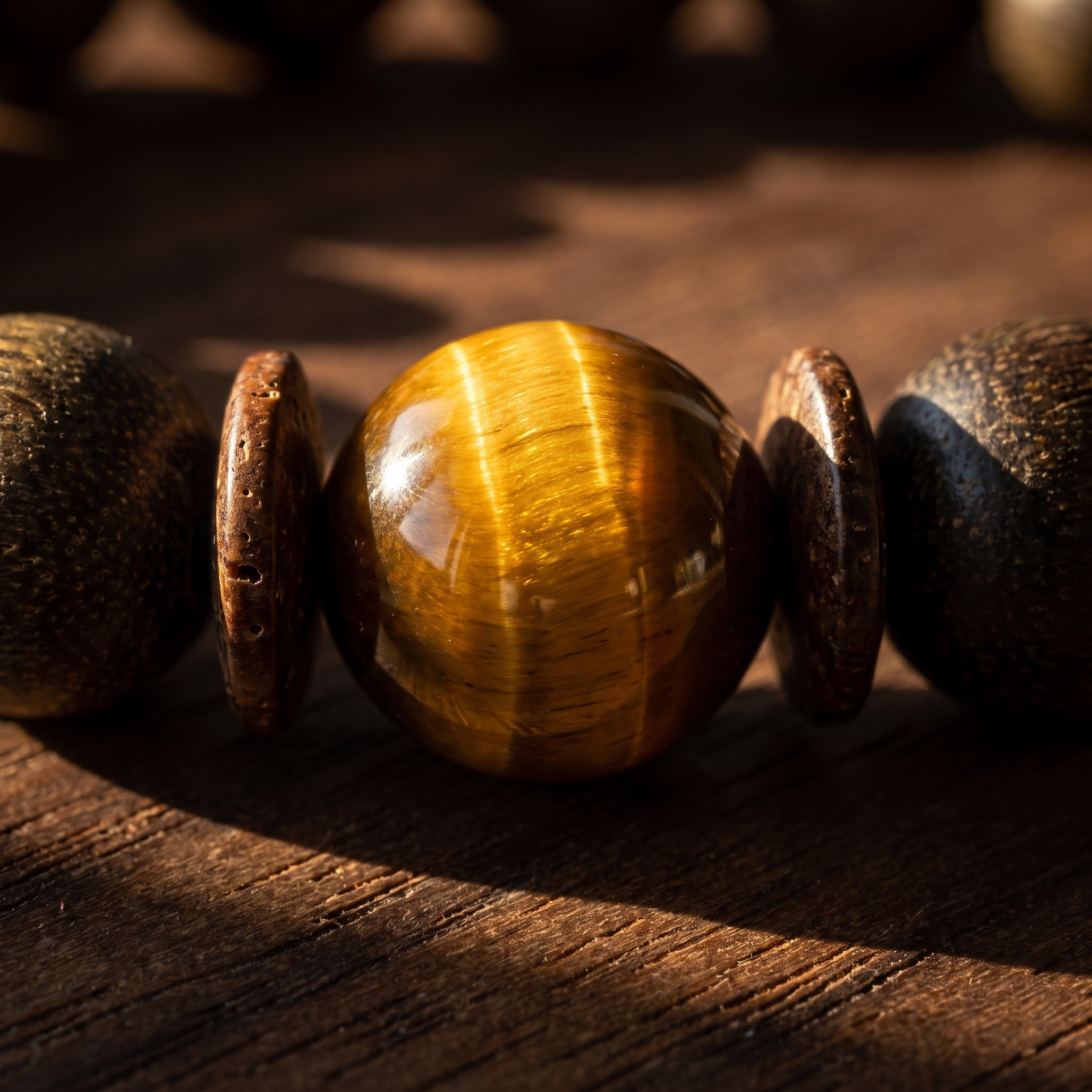 Houtu Bracelet – Aged Jinnanmu Wood with Natural Golden Brown Tiger's Eye Bead
