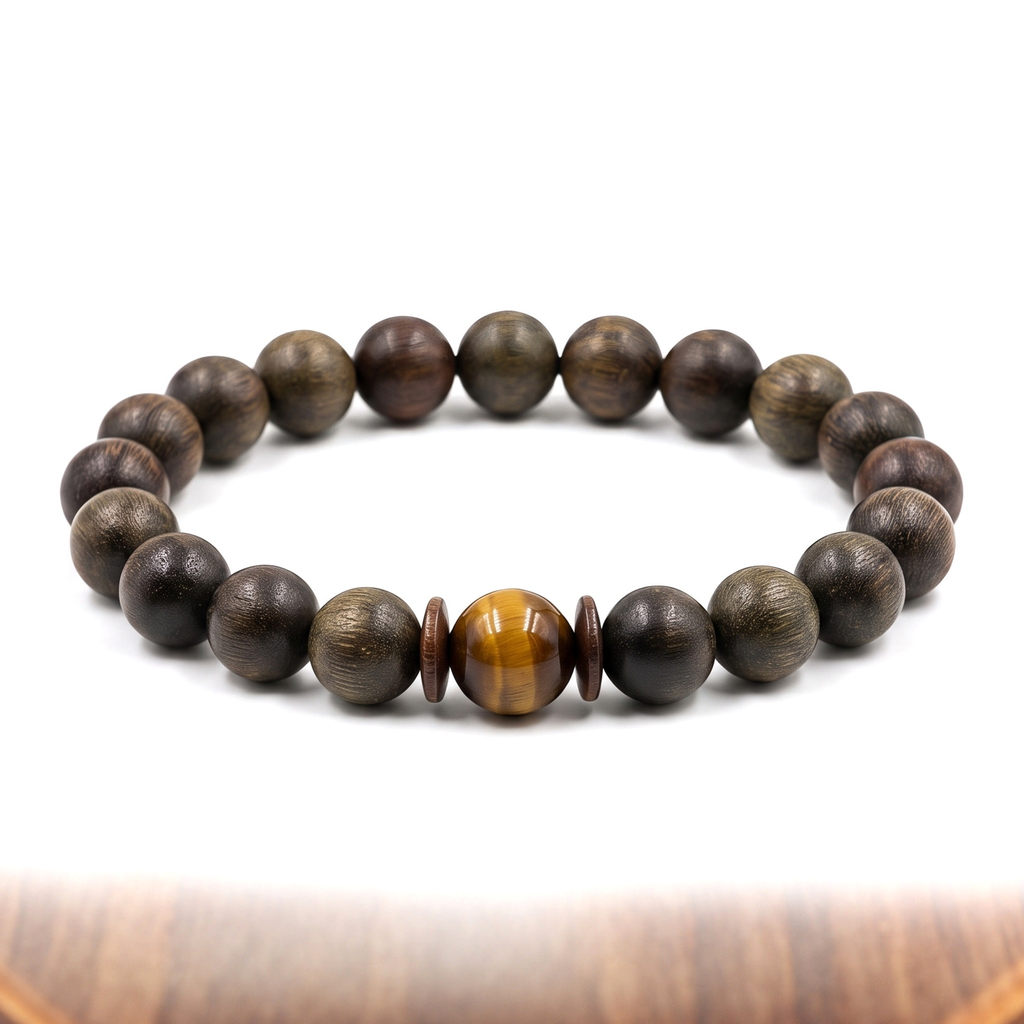 Houtu Bracelet – Aged Jinnanmu Wood with Natural Golden Brown Tiger's Eye Bead