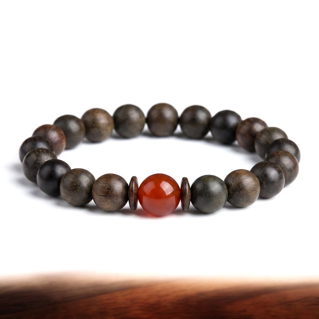 Zhurong Bracelet – Aged Jinnanmu Wood with Natural Red Nephrite Jade Bead