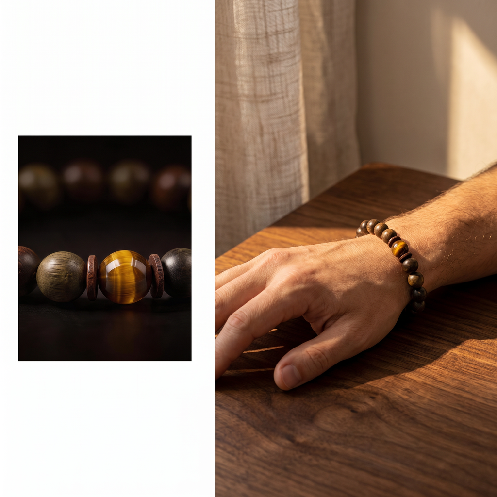Houtu Bracelet – Aged Jinnanmu Wood with Natural Golden Brown Tiger's Eye Bead