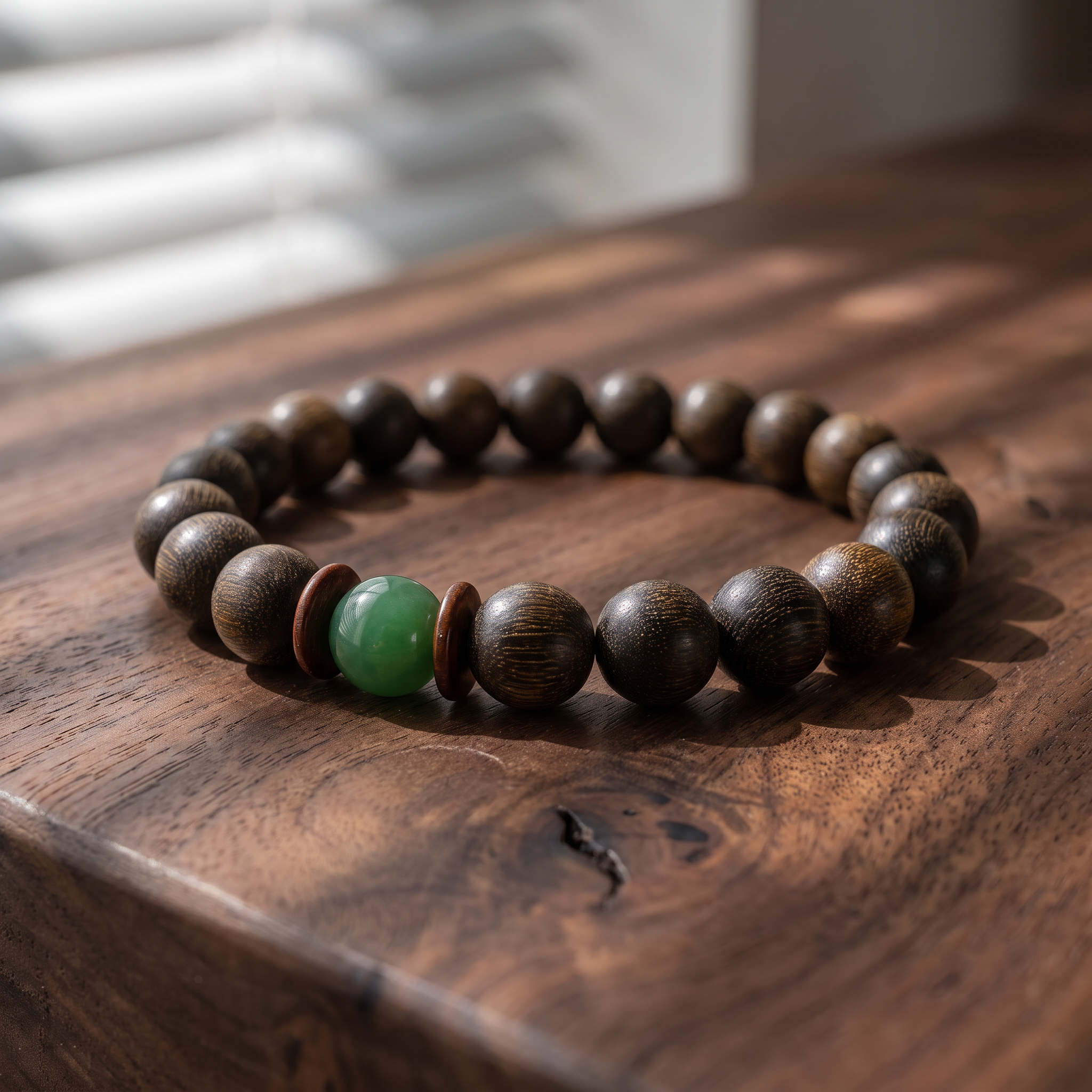 Goumang Bracelet – Aged Jinnanmu Wood with Natural Green Nephrite Jade Bead