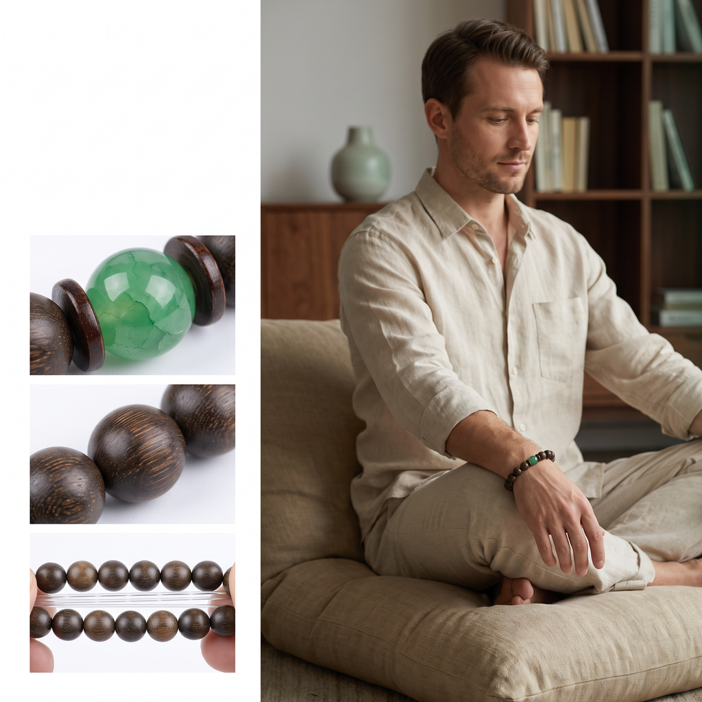 Goumang Bracelet – Aged Jinnanmu Wood with Natural Green Nephrite Jade Bead