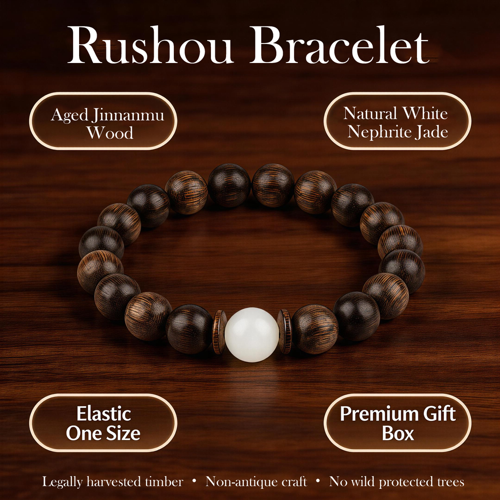 Rushou Bracelet – Aged Jinnanmu Wood with Natural White Nephrite Jade Bead