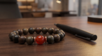 Zhurong Bracelet – Aged Jinnanmu Wood with Natural Red Nephrite Jade Bead