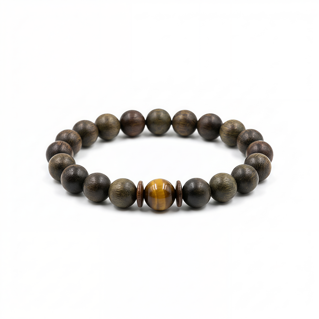 Houtu Bracelet – Aged Jinnanmu Wood with Natural Golden Brown Tiger's Eye Bead
