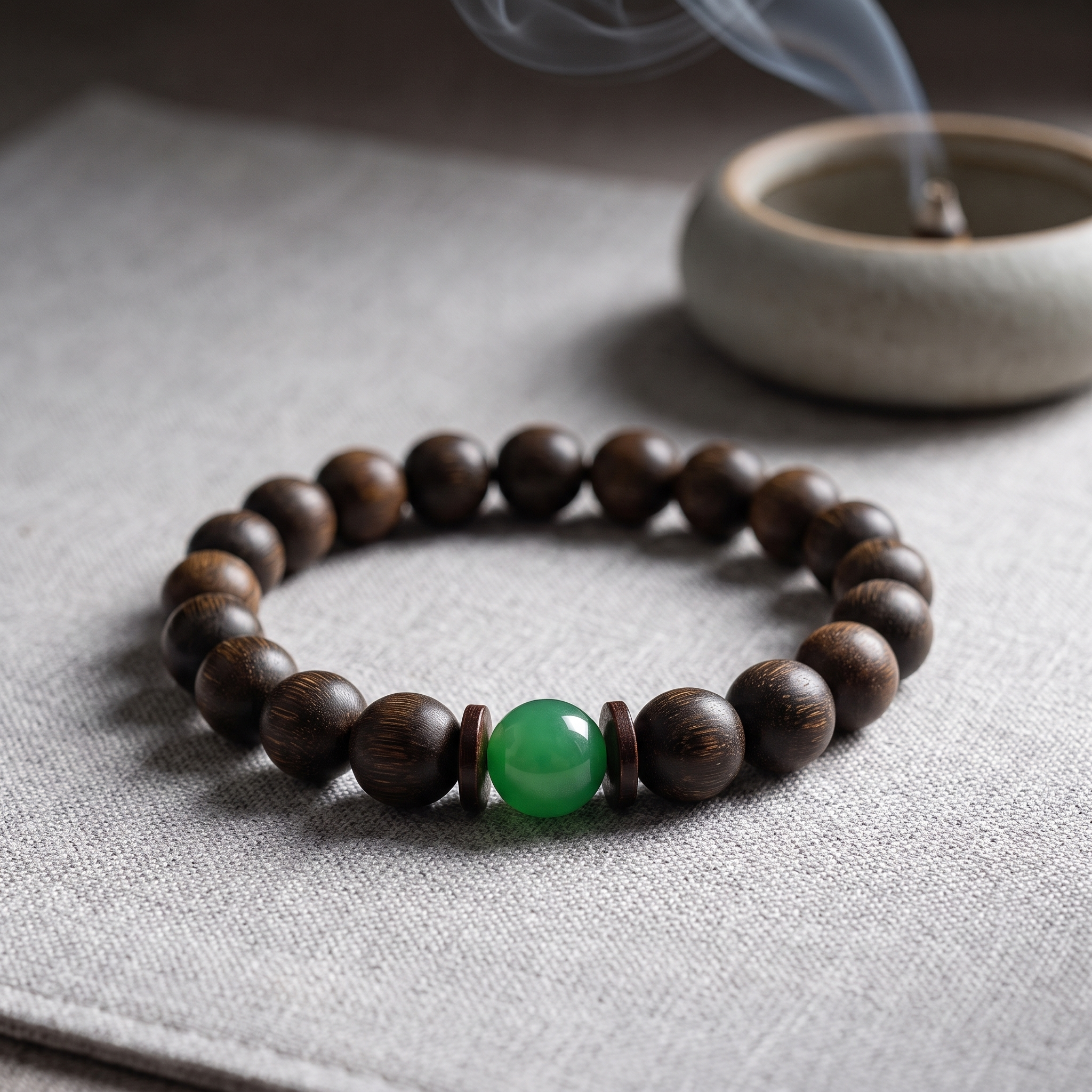 Goumang Bracelet – Aged Jinnanmu Wood with Natural Green Nephrite Jade Bead