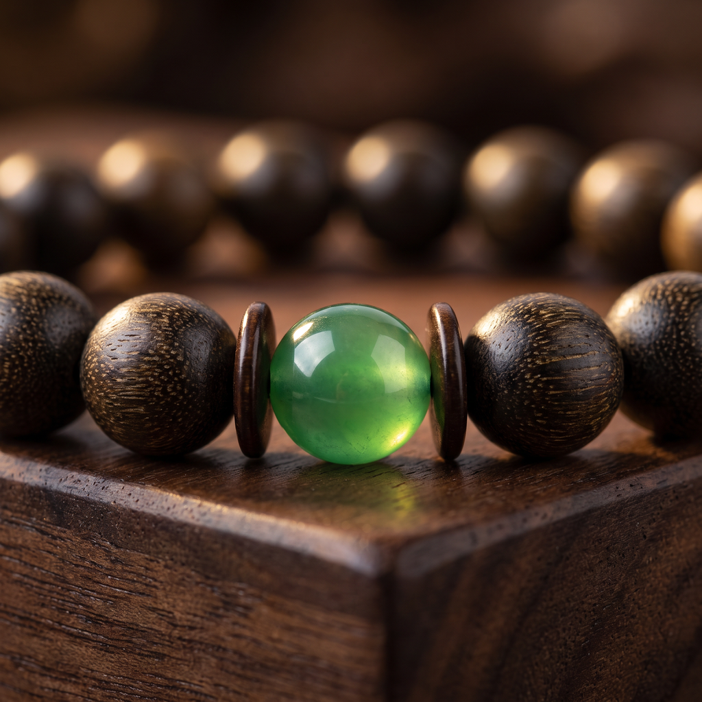 Goumang Bracelet – Aged Jinnanmu Wood with Natural Green Nephrite Jade Bead