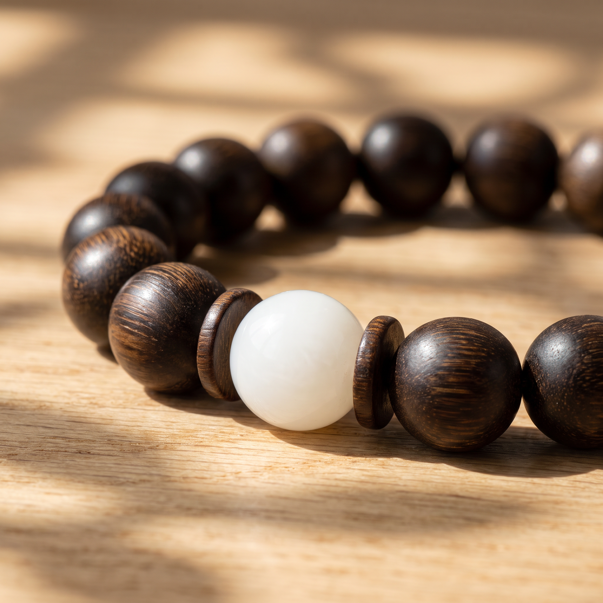Rushou Bracelet – Aged Jinnanmu Wood with Natural White Nephrite Jade Bead