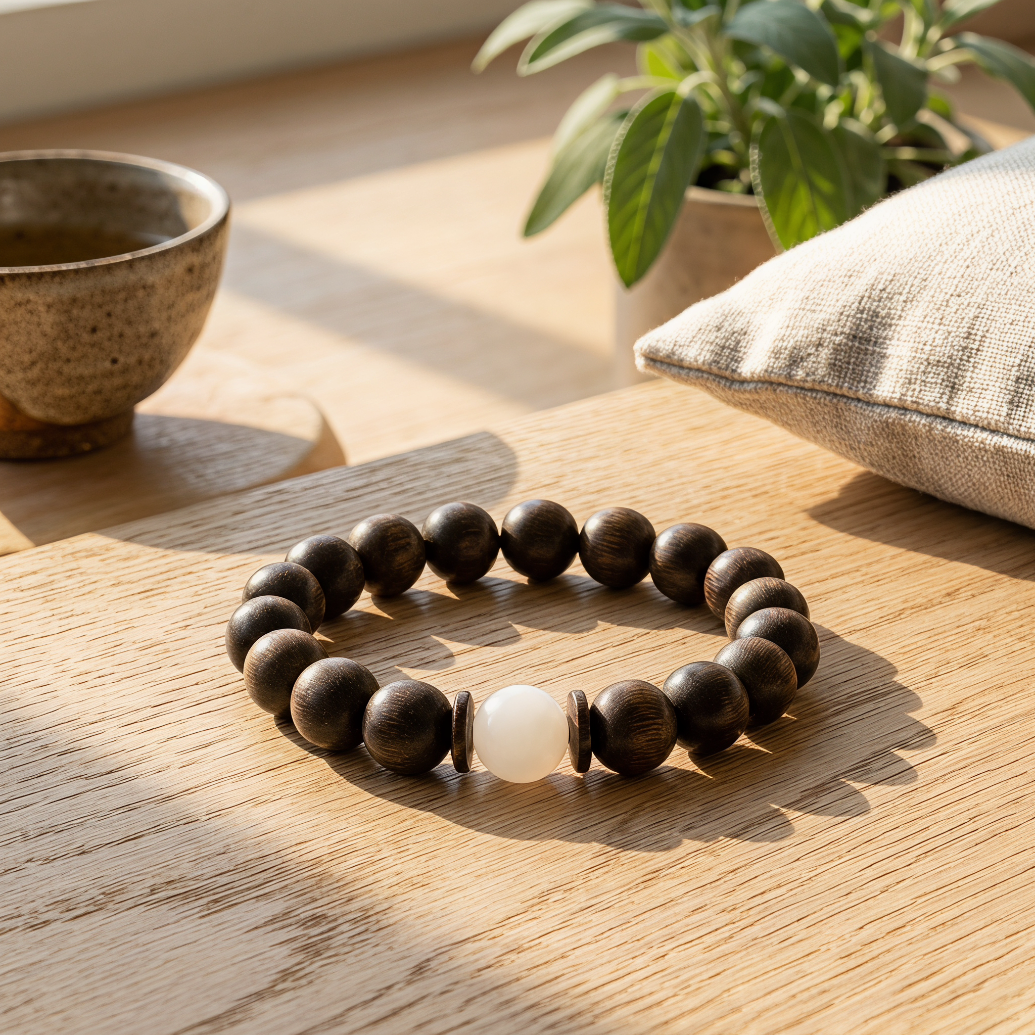 Rushou Bracelet – Aged Jinnanmu Wood with Natural White Nephrite Jade Bead