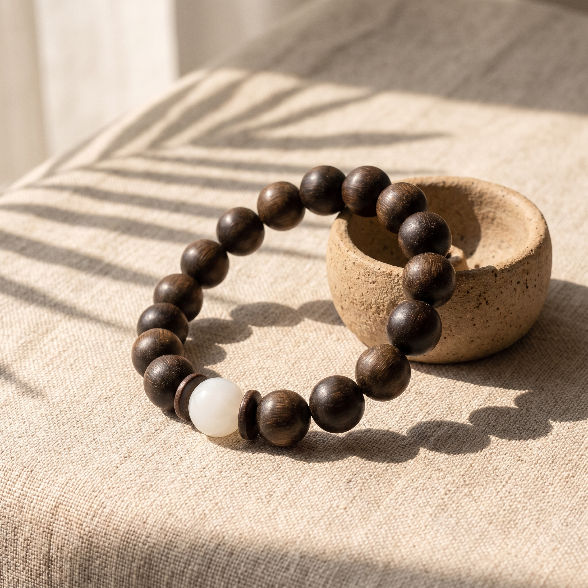 Rushou Bracelet – Aged Jinnanmu Wood with Natural White Nephrite Jade Bead