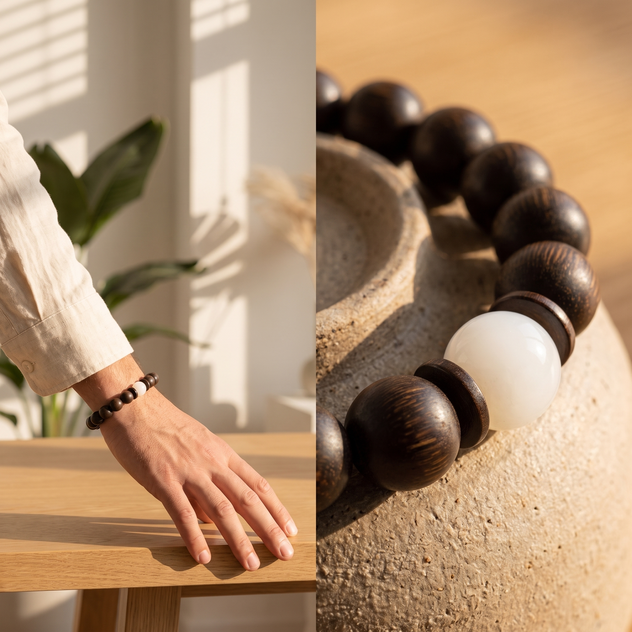 Rushou Bracelet – Aged Jinnanmu Wood with Natural White Nephrite Jade Bead