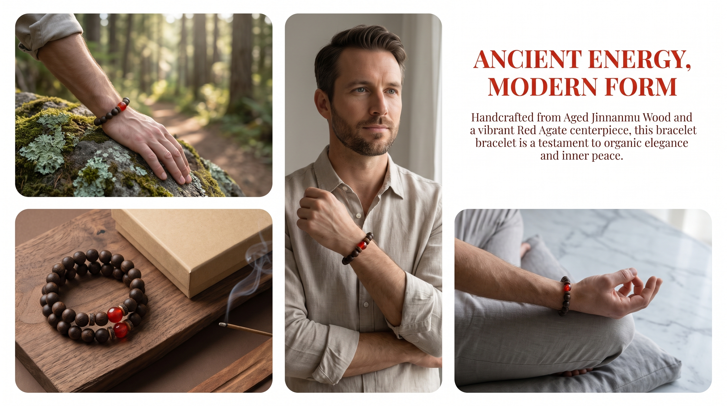 Zhurong Bracelet – Aged Jinnanmu Wood with Natural Red Nephrite Jade Bead