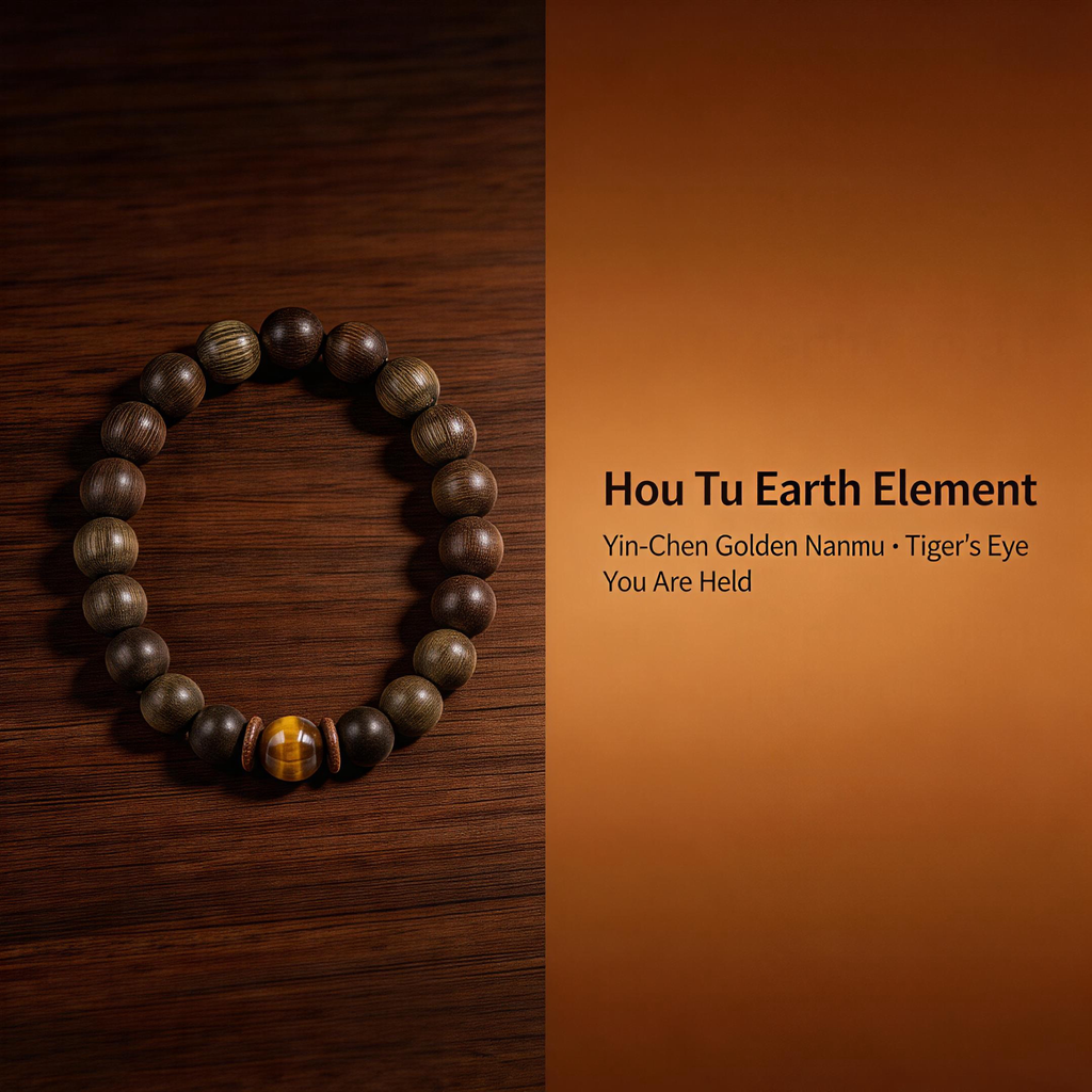 Houtu Bracelet – Aged Jinnanmu Wood with Natural Golden Brown Tiger's Eye Bead
