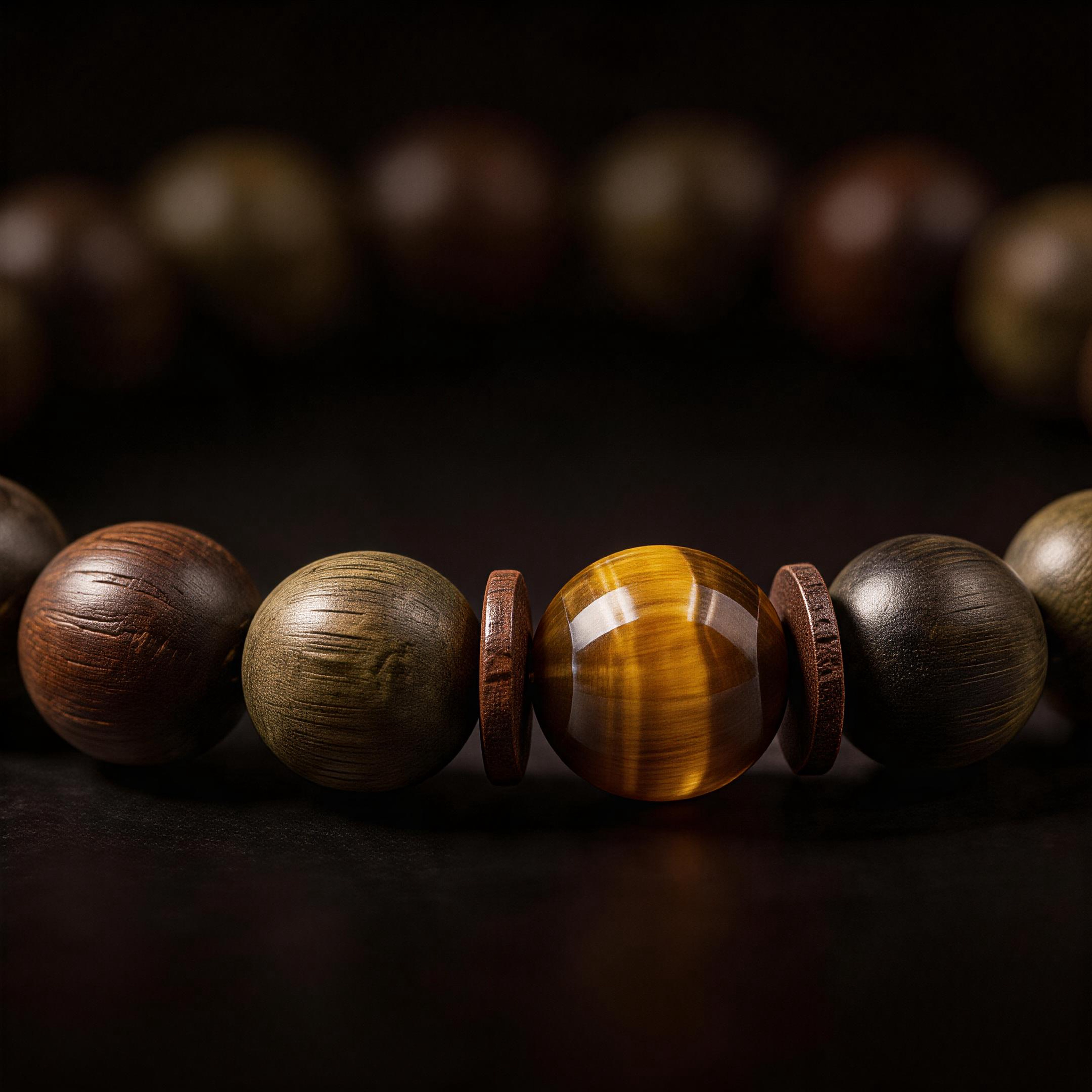 Houtu Bracelet – Aged Jinnanmu Wood with Natural Golden Brown Tiger's Eye Bead